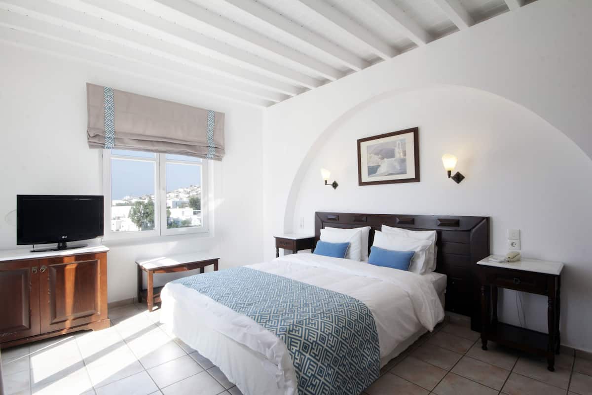 Un dormitorio con cama, televisor, ventana con vistas y un cuadro en la pared.