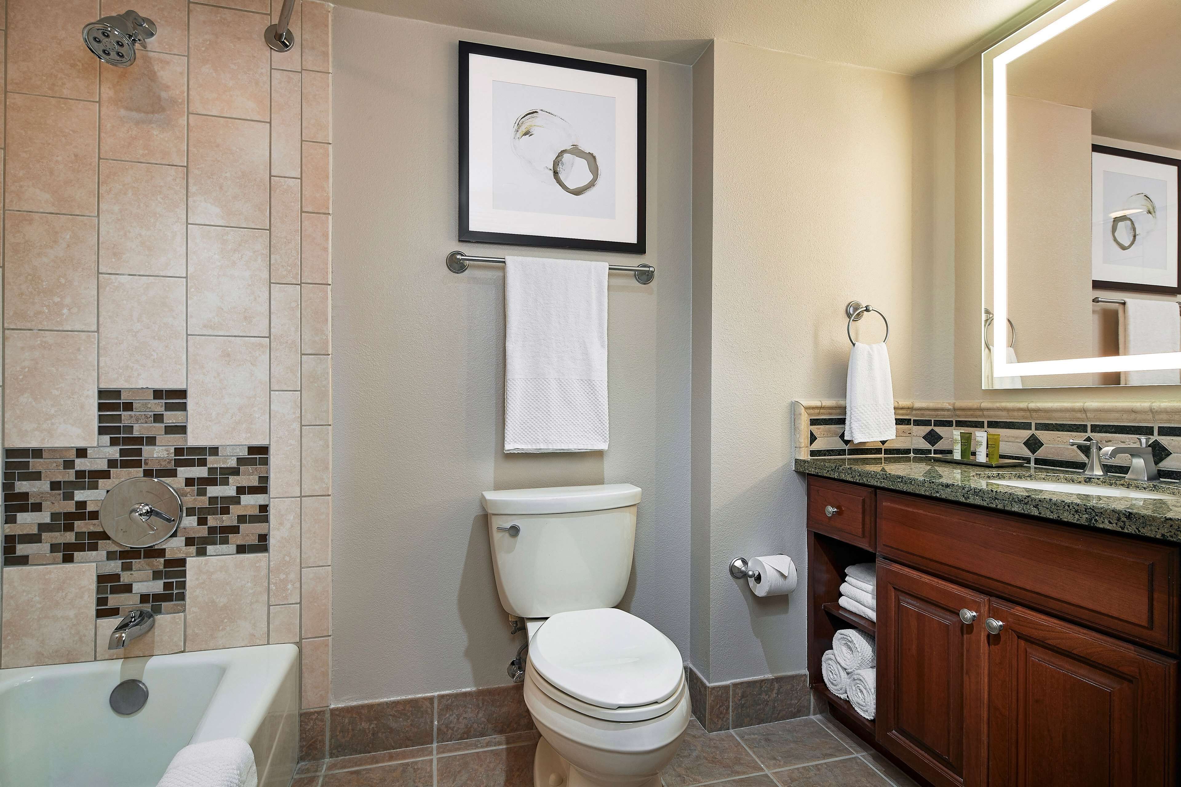 Une salle de bain avec une baignoire, des toilettes, un meuble-lavabo avec un miroir et un tableau encadré au mur.