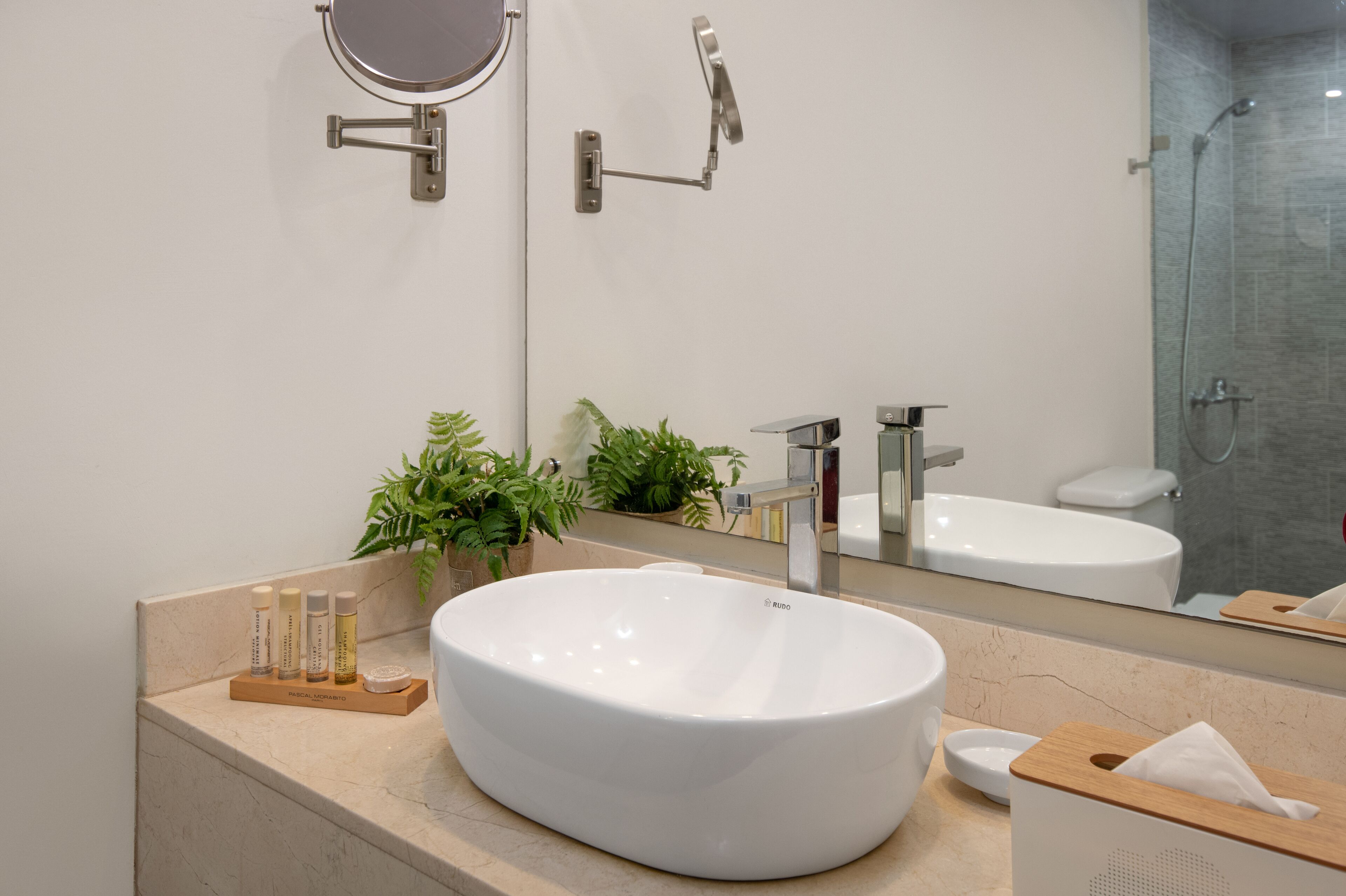 royal room | bathroom | shower, free toiletries, hair dryer, bathrobes