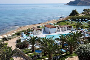On the beach, sun-loungers, beach umbrellas, beach towels