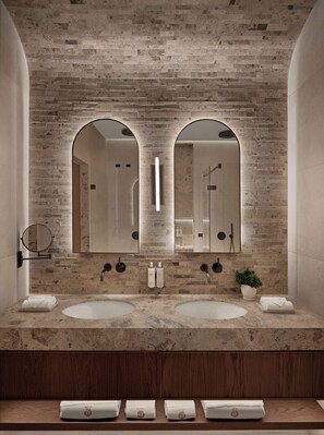A bathroom with two sinks, a mirror, and a potted plant.