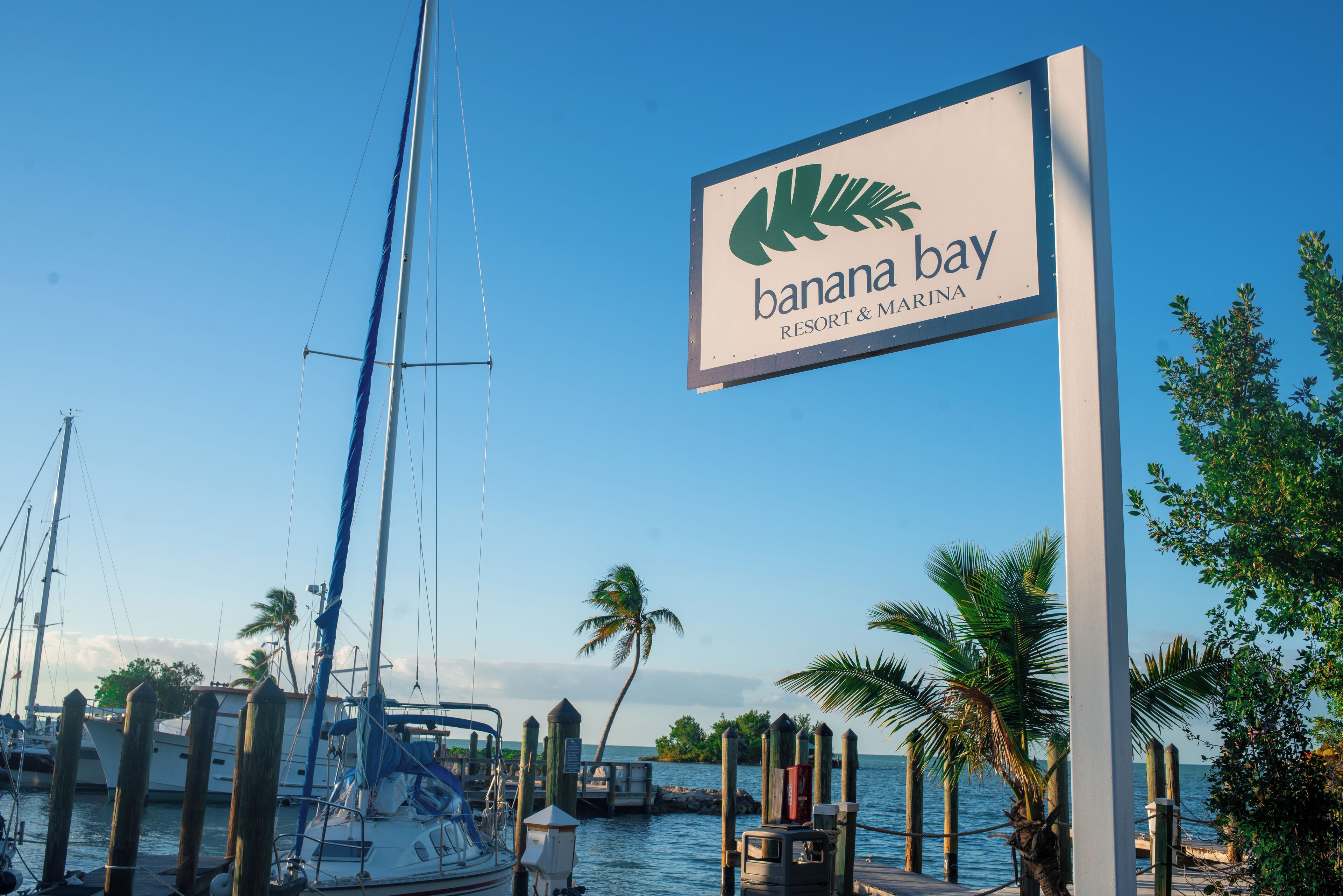 Un puerto deportivo con barcos amarrados, un letrero que dice Banana Bay Resort & Marina, y palmeras al fondo.