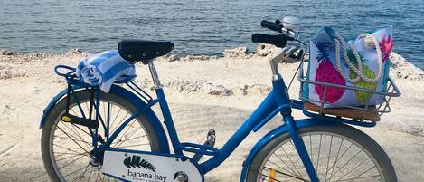 Una bicicleta azul con una cesta que contiene una bolsa y una piña, estacionada en una playa arenosa con un mar tranquilo y un velero al fondo.