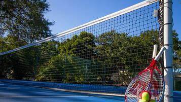 Una cancha de tenis con red, raquetas y pelotas.