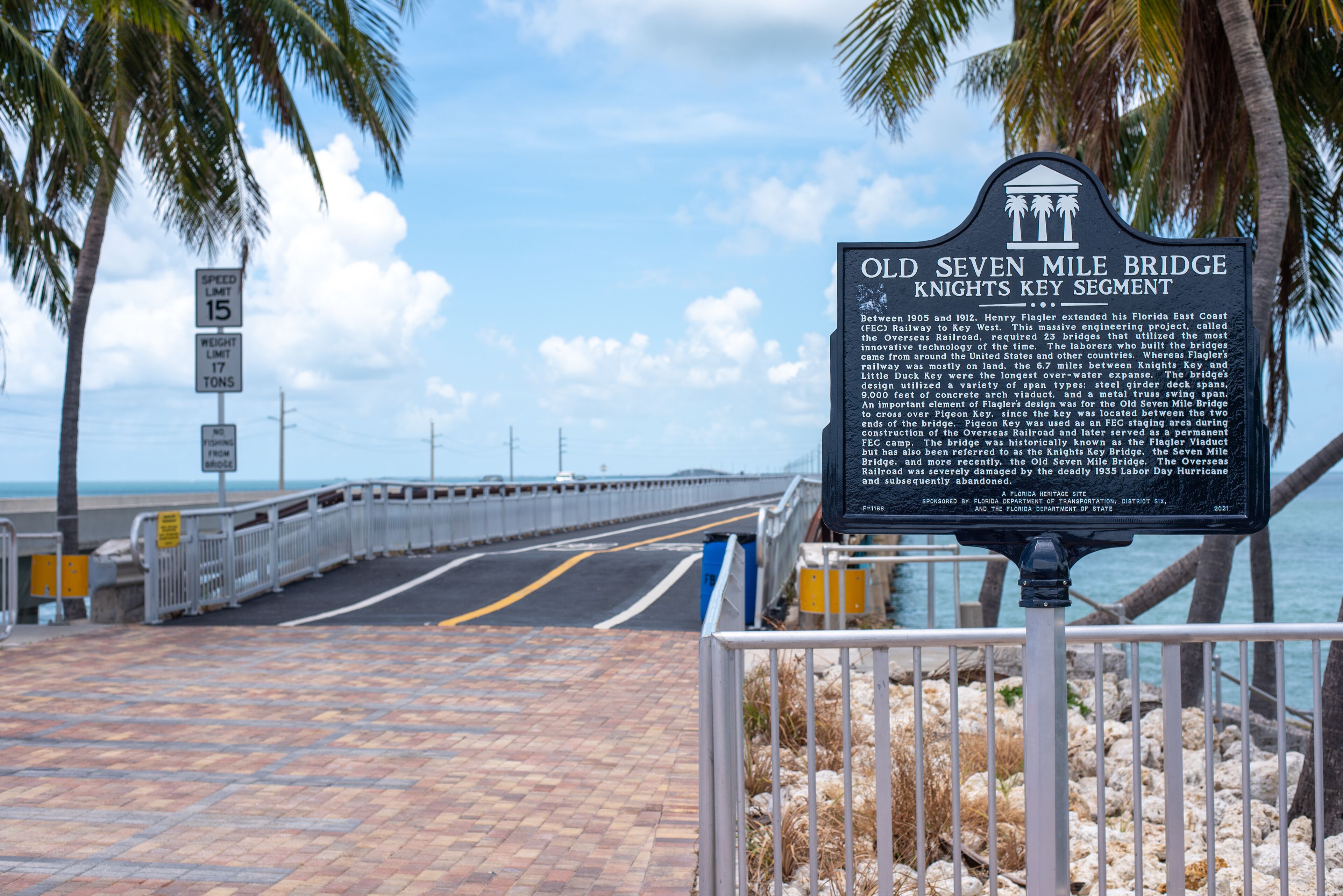 A historical marker sign for the Old Seven Mile Bridge Knights Key Segment.
