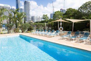Indoor pool, outdoor pool, sun loungers
