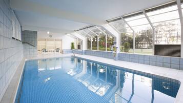 Indoor pool, outdoor pool, pool loungers