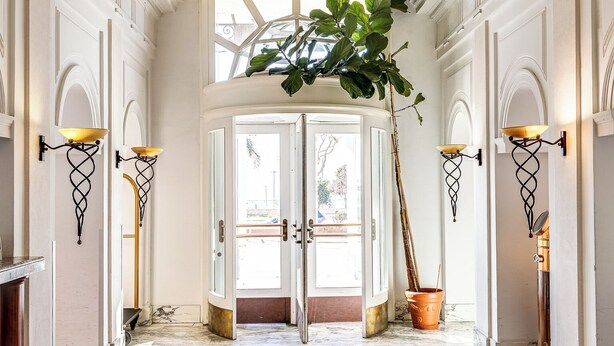 A grand hallway with a marble floor, a red carpet, and a large plant.