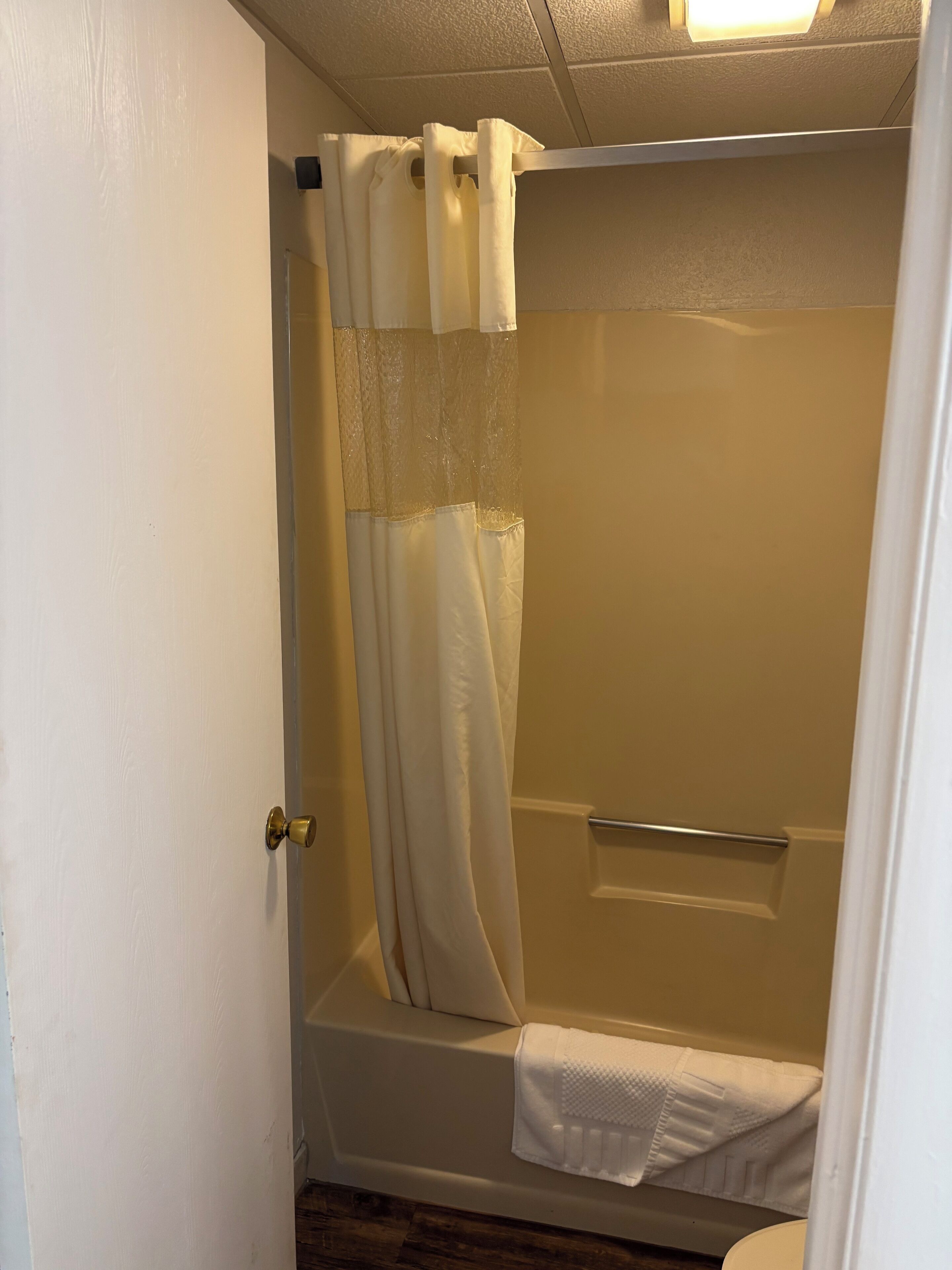 Un petit espace de douche fermé, comprenant une baignoire, un porte-serviettes et une porte.