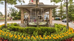 A fountain with statues, surrounded by a garden with marigolds, in front of a building with a red flag.