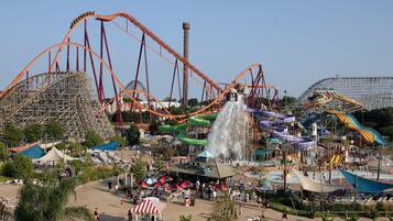 A theme park with roller coasters, water slides, and a large Ferris wheel.