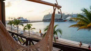 Silla hamaca con vista a un puerto deportivo con cruceros y palmeras.