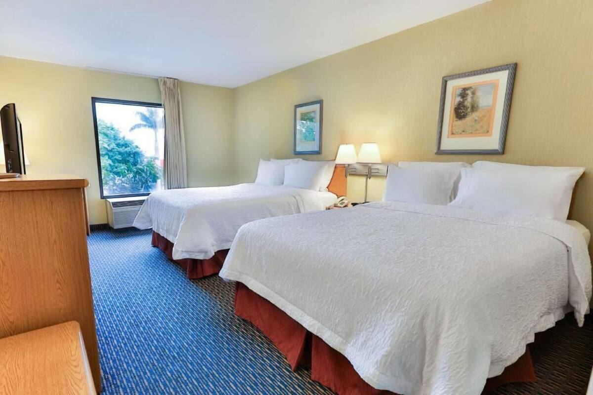 Une chambre d’hôtel avec deux lits, un bureau et une fenêtre donnant sur un espace verdoyant.