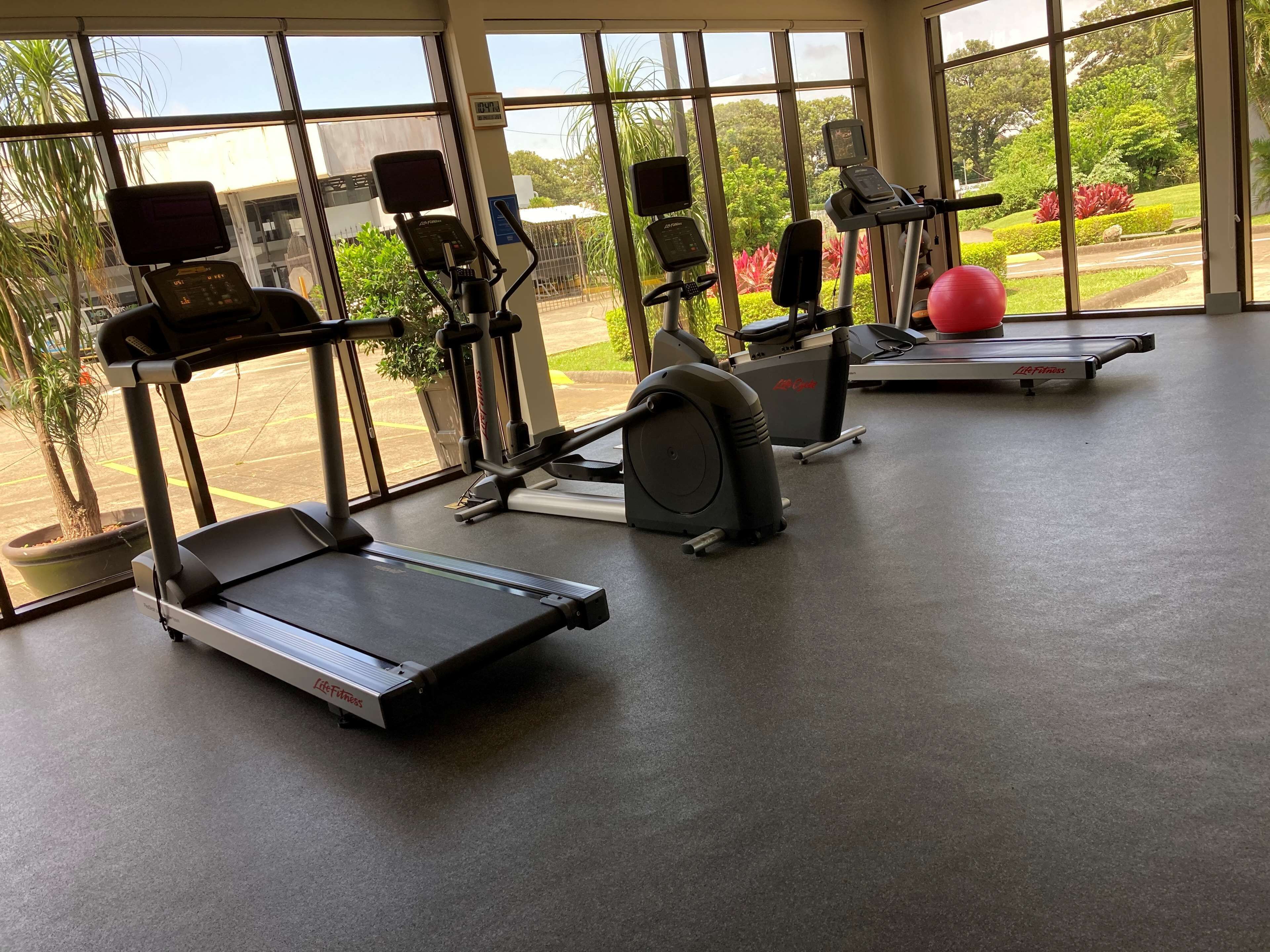 Une salle de sport équipée de tapis de course, de vélos elliptiques et d’un ballon d’exercice rouge.