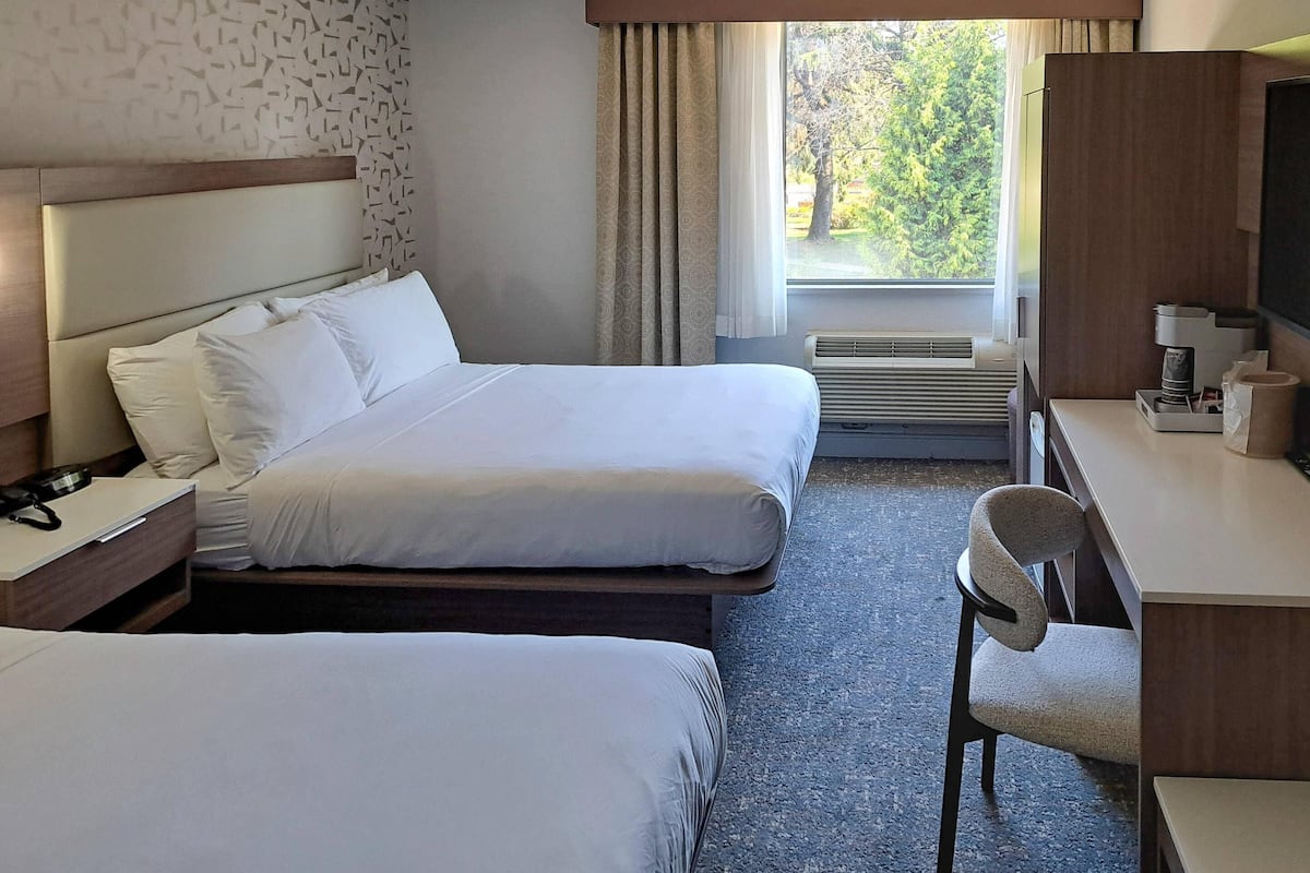 Une chambre d’hôtel avec deux lits, un bureau, une chaise, une télévision et une fenêtre donnant sur des arbres.