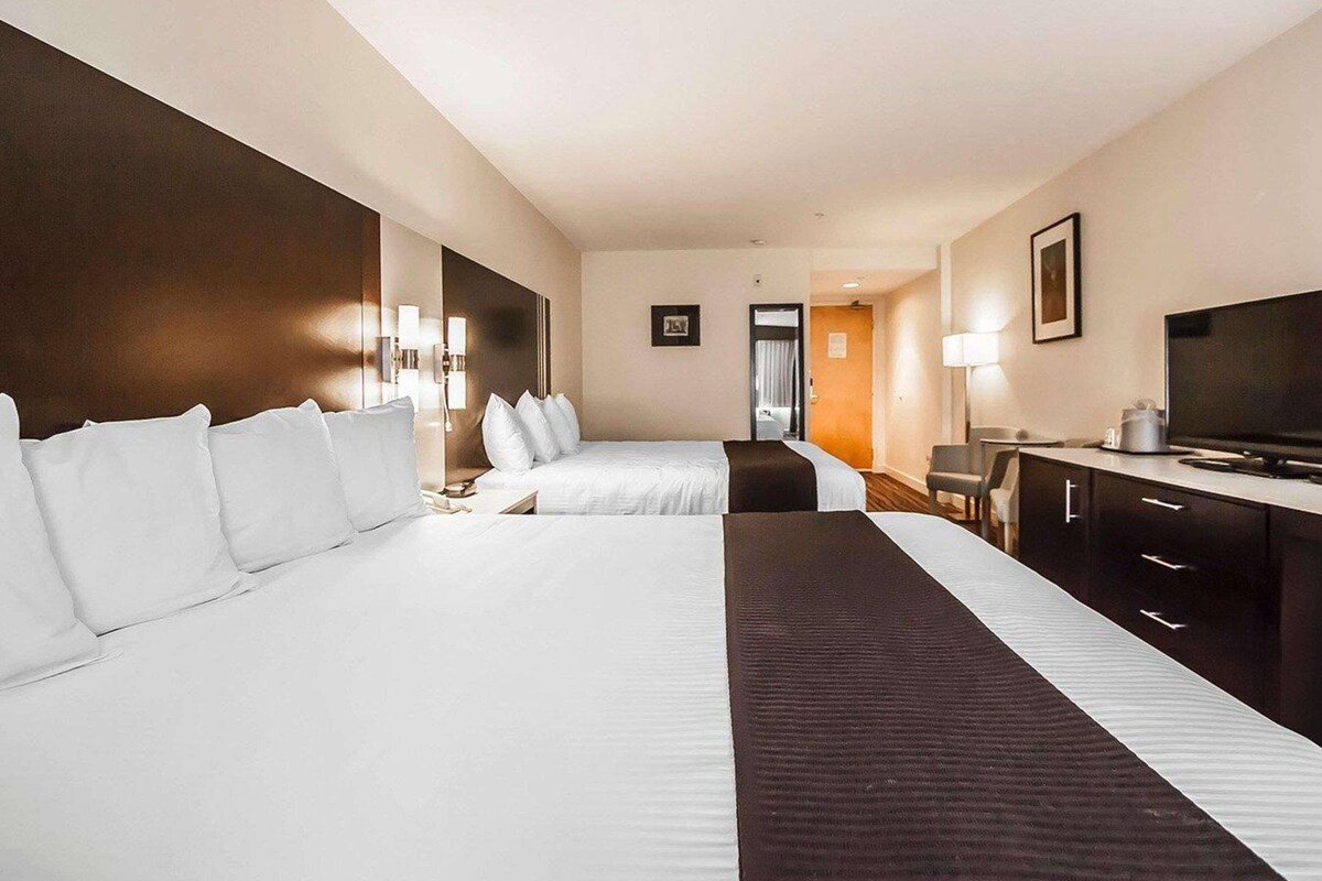Habitación de hotel con dos camas, un escritorio con televisor y una silla.