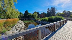 Un puente de madera sobre un estanque con rocas y vegetación a ambos lados.