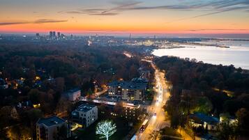 Una vista aerea di un paesaggio urbano al crepuscolo, con un fiume, un ponte e un albero illuminato da luci.
