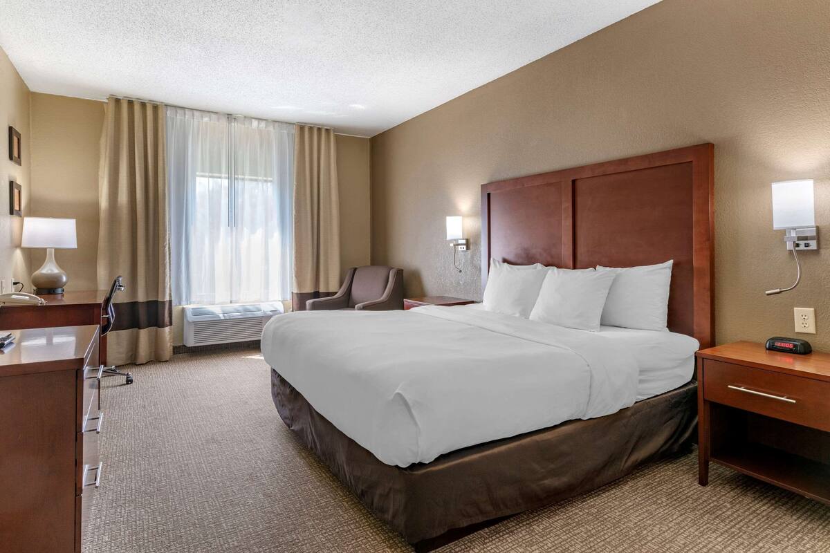 A hotel room with a large bed, a desk, a chair, and a lamp.