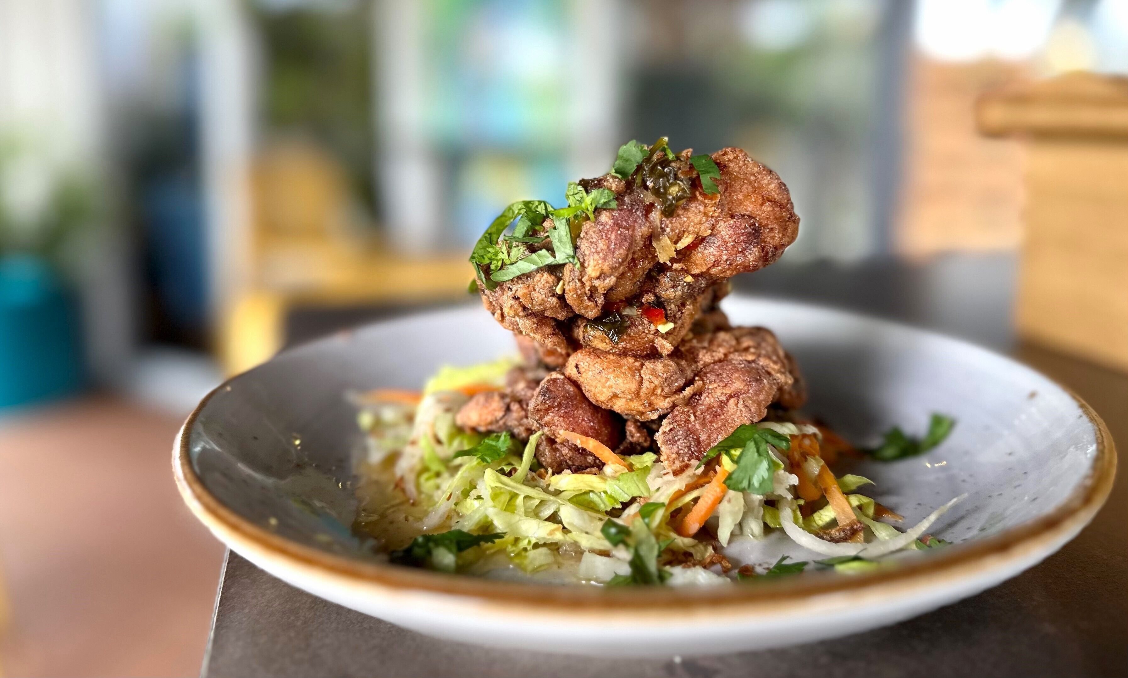 A plate of crispy fried meat garnished with herbs, served on a white ceramic plate with a decorative rim.