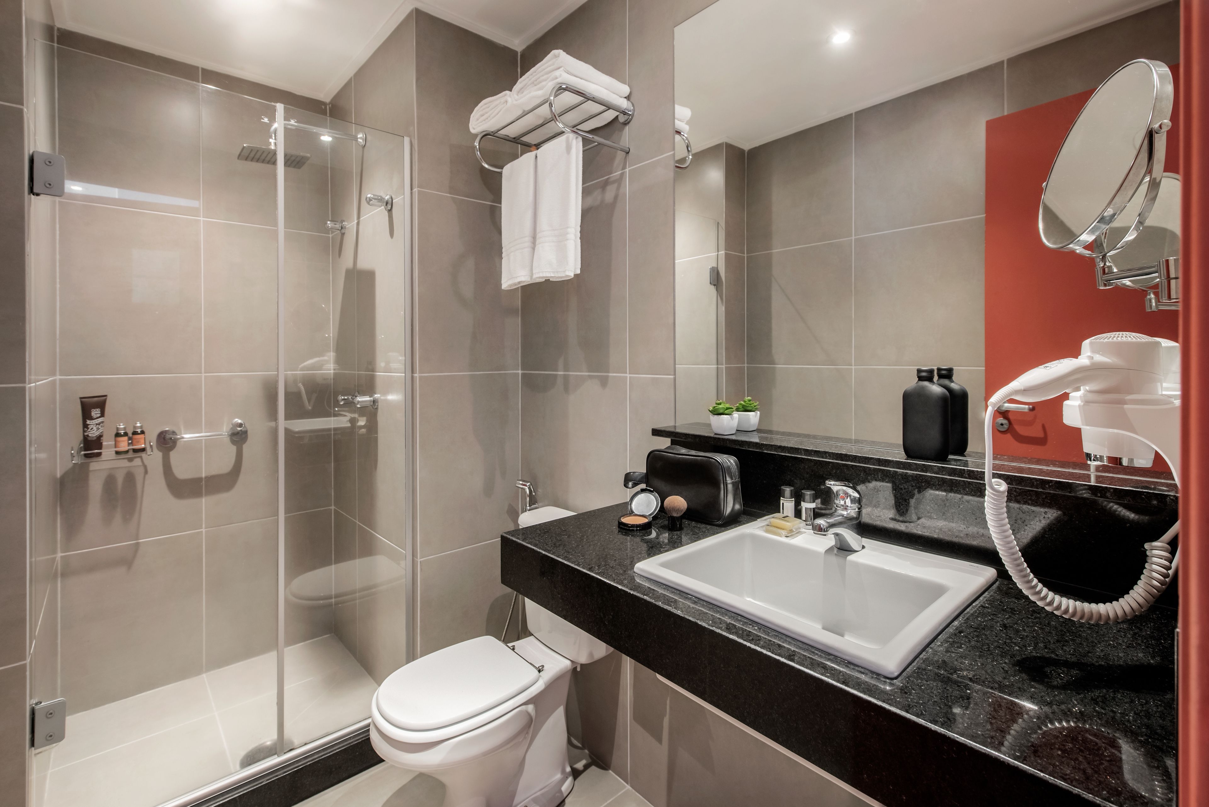 shower, free toiletries, hair dryer, towels