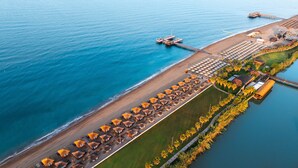 An aerial view of a beachside resort with rows of thatched-roof huts, a pier, and a dock.