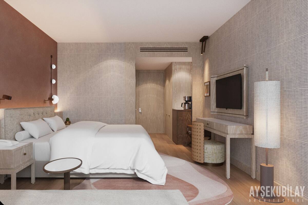 A modern hotel room with a large bed, bedside tables, a TV, and a bathroom with a shower and toilet.