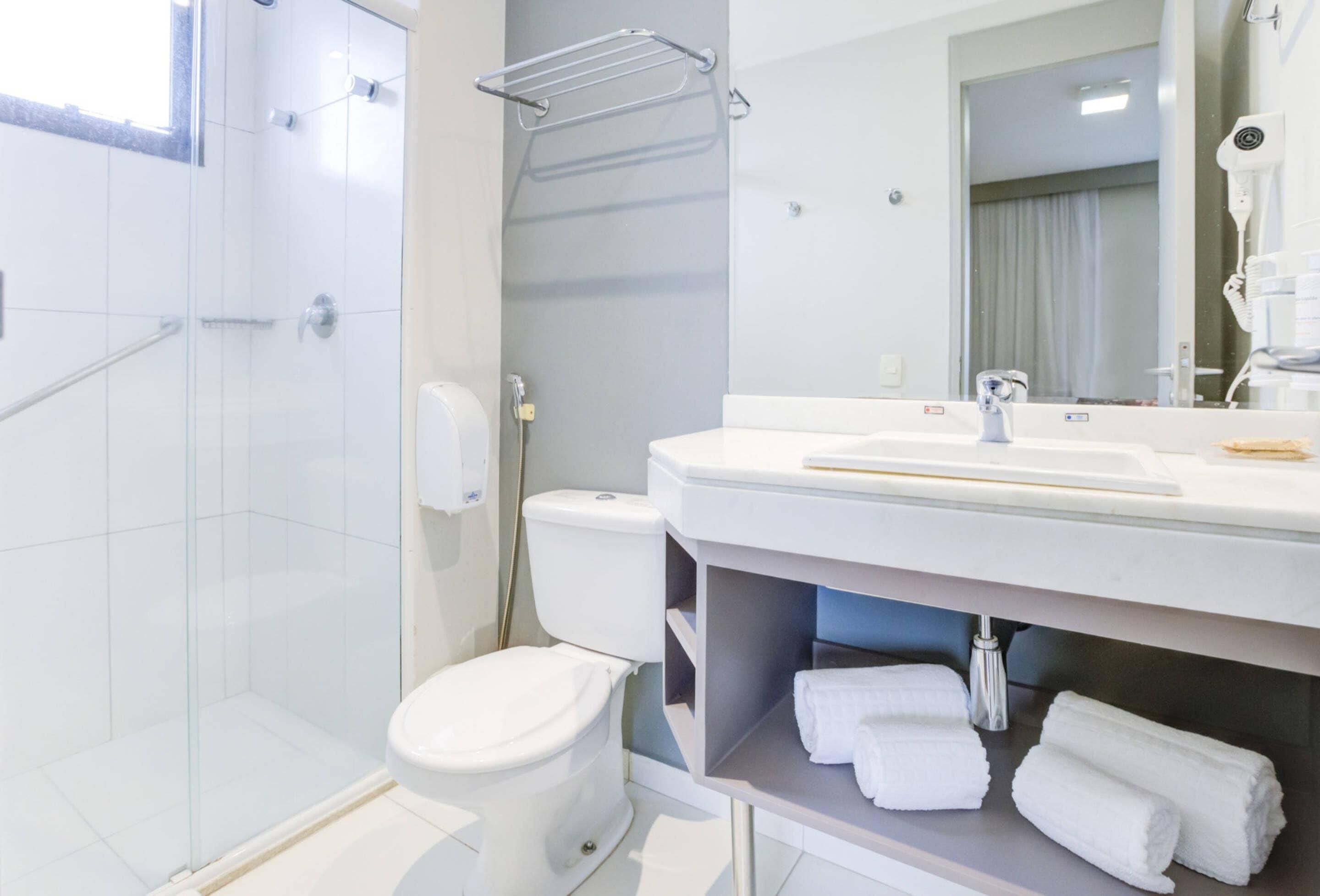 A modern bathroom with a glass shower enclosure, a white toilet, a vanity with a mirror, and a towel rack.