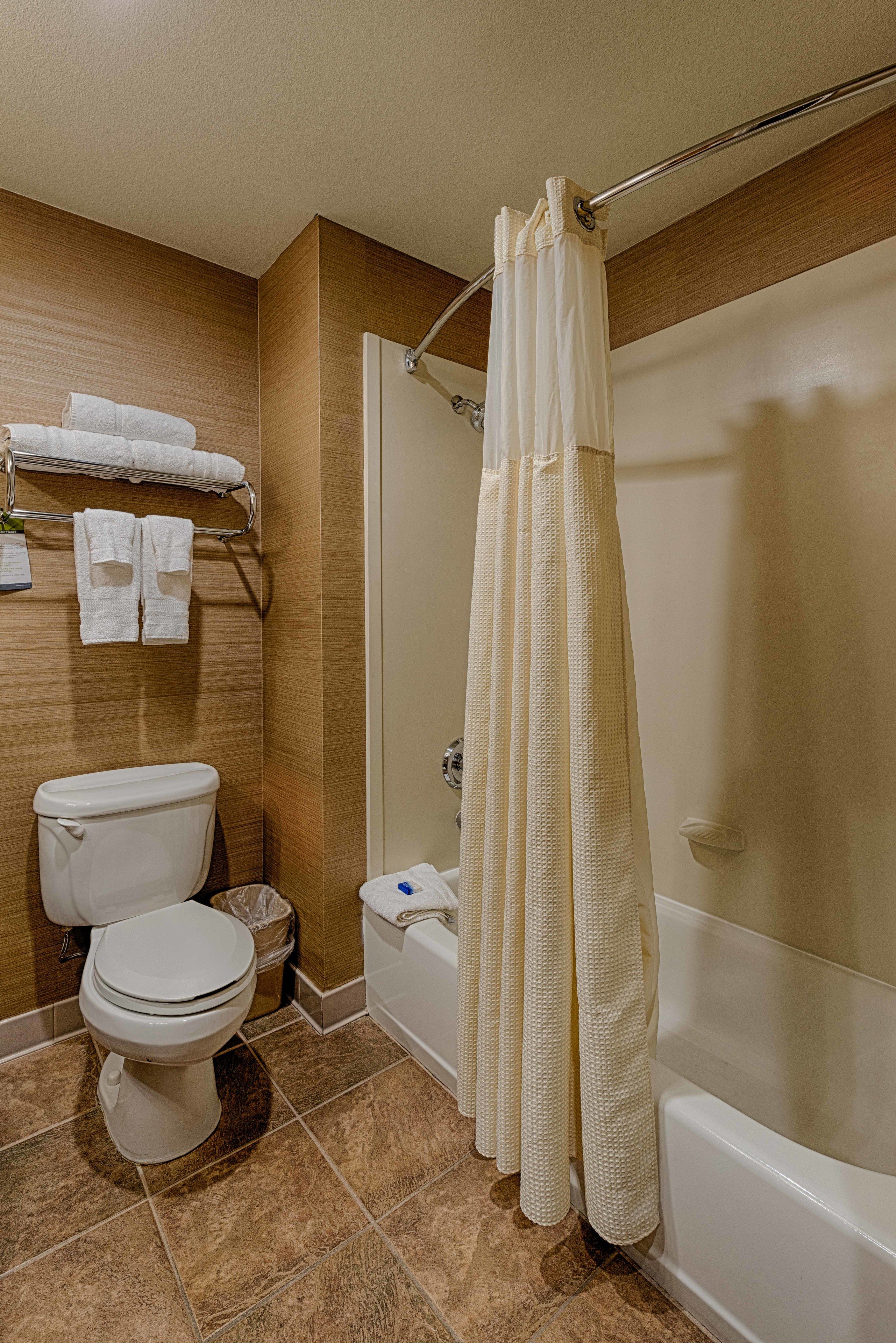 combined shower/bathtub, free toiletries, hair dryer, towels