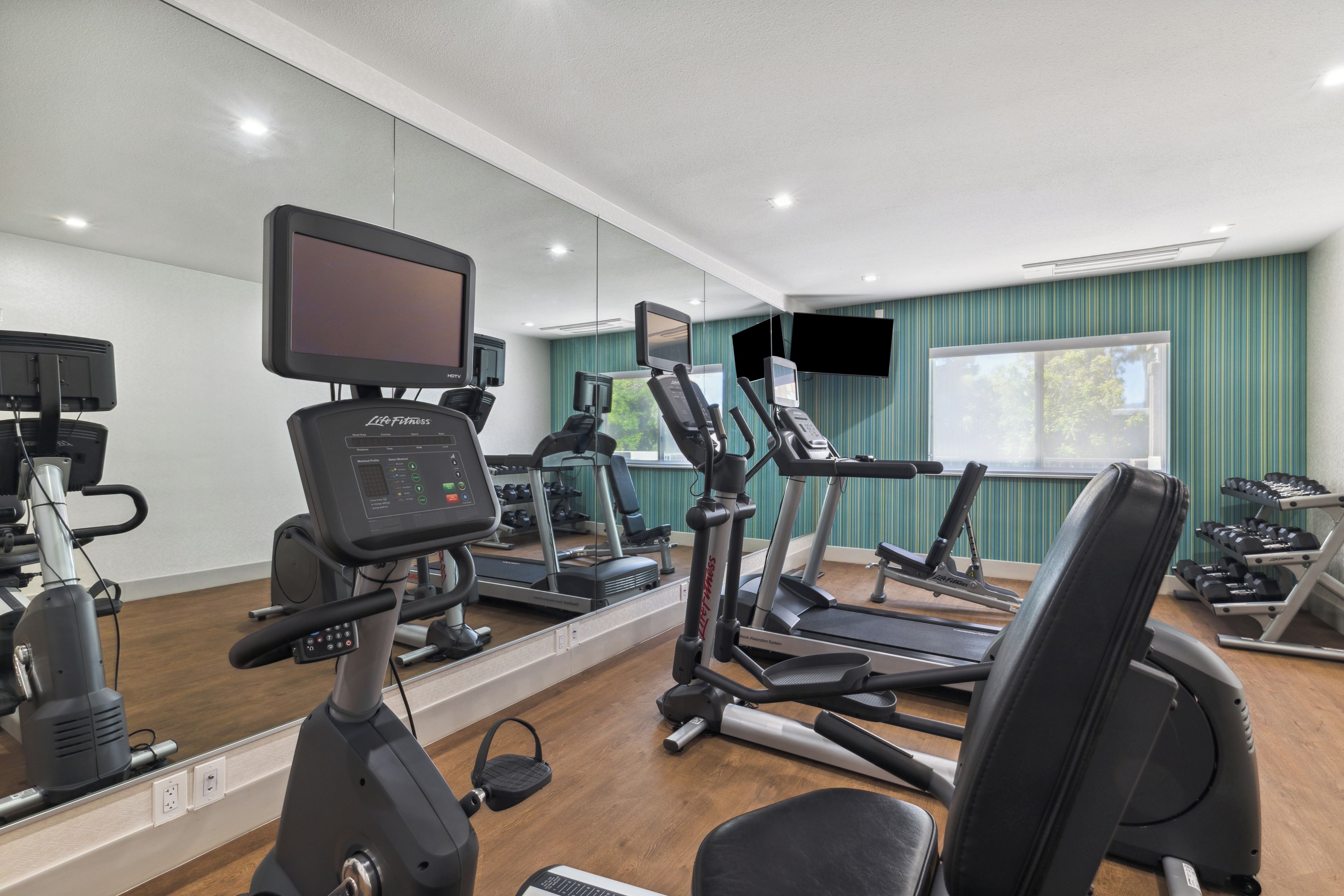 A gym with cardio equipment, weight machines, and a mirror.