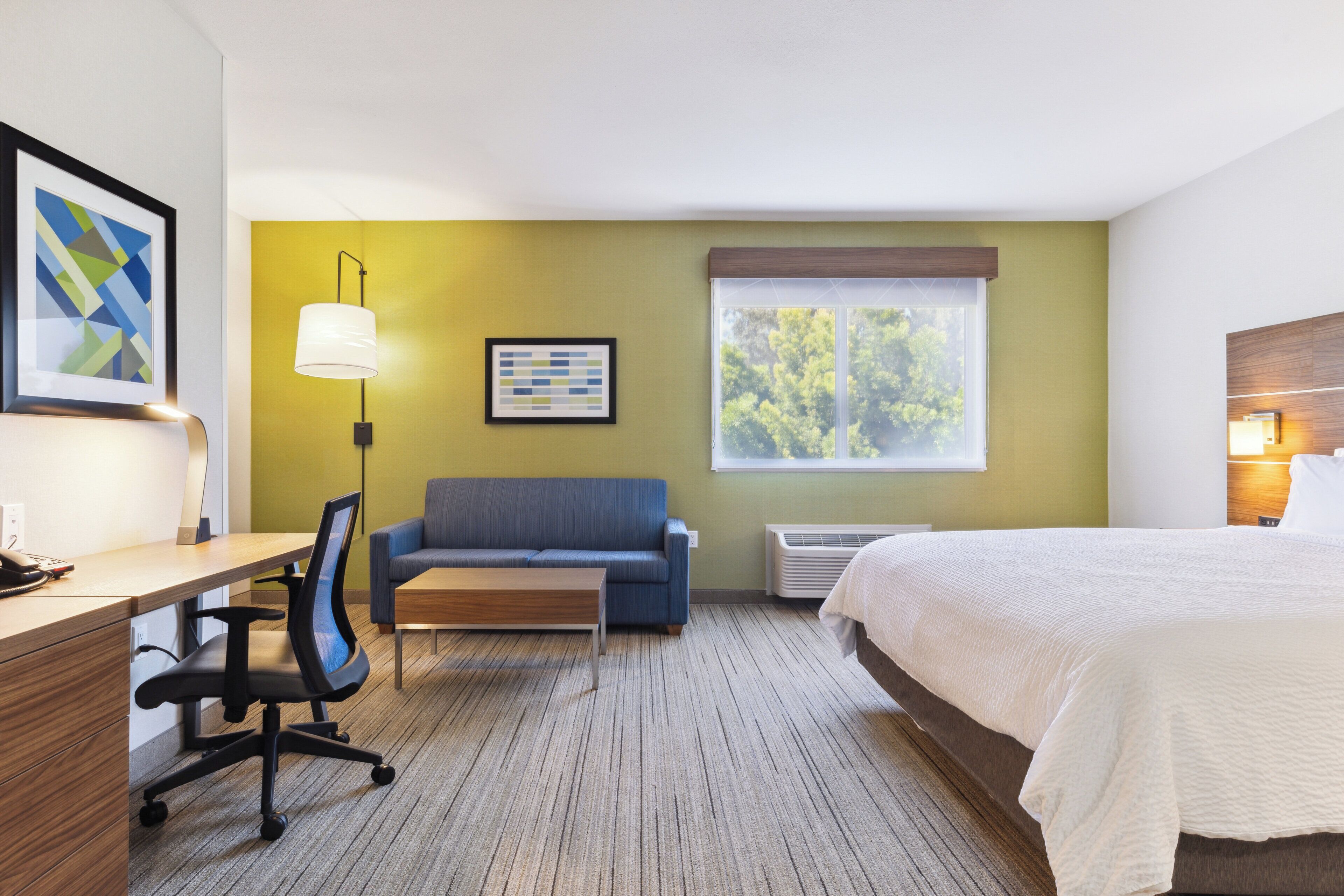 A hotel room with a bed, a desk, a chair, a sofa, a lamp, a window, and a framed picture on the wall.