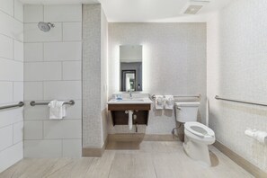Separate tub and shower, free toiletries, hair dryer, towels