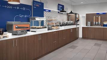 A modern breakfast area with a fresh pancake station, bakery display, and cereal dispensers.