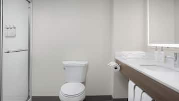A modern bathroom with a toilet, a shower, and a sink with a mirror.