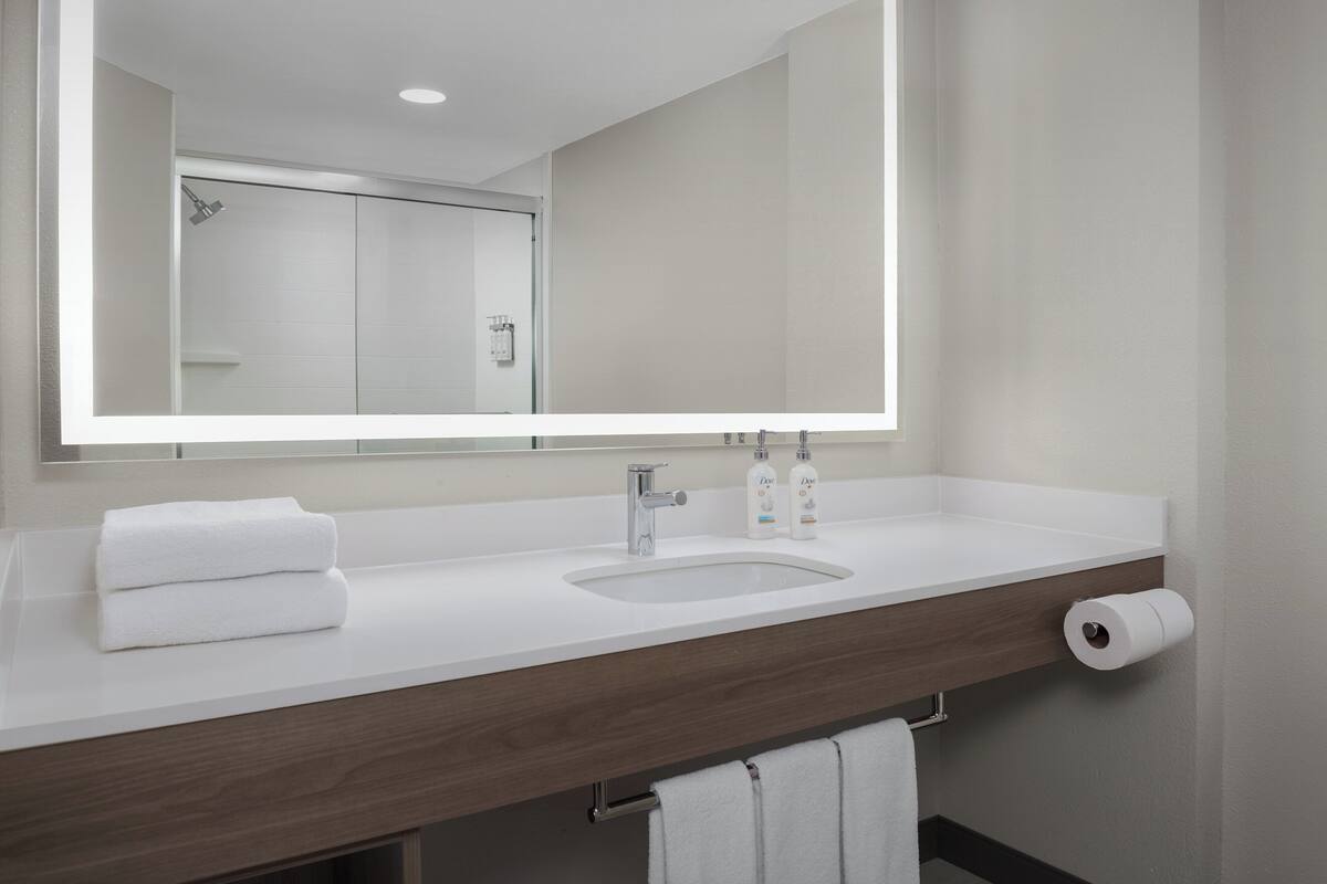 standard room, 1 king bed, accessible bathtub (mobility) | bathroom | combined shower/bathtub, hair dryer, towels