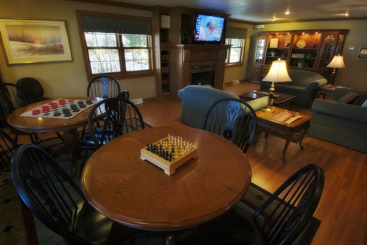 fireplace, books, video library