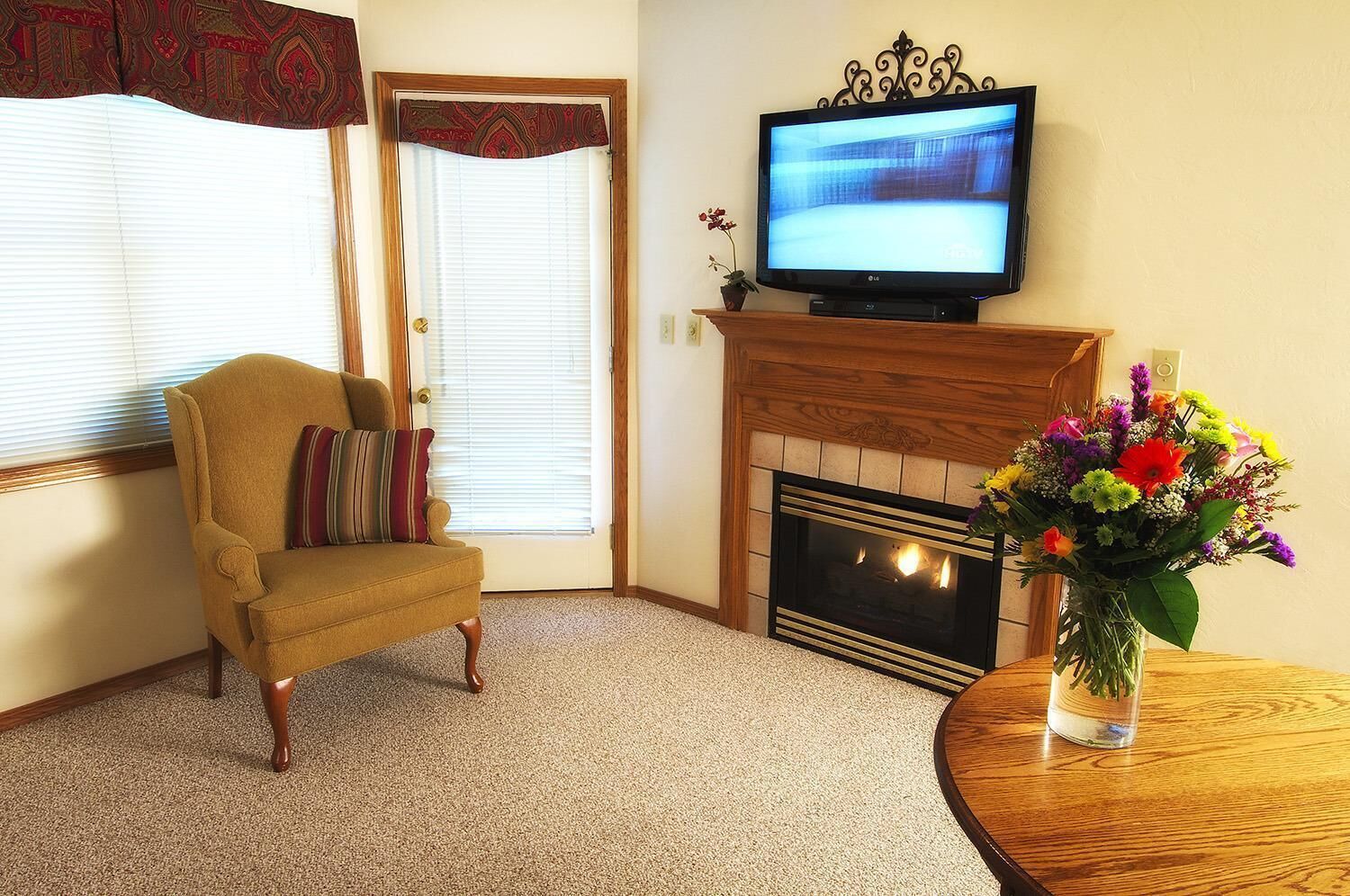 fireplace, books, video library