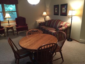 Fireplace, books, video library