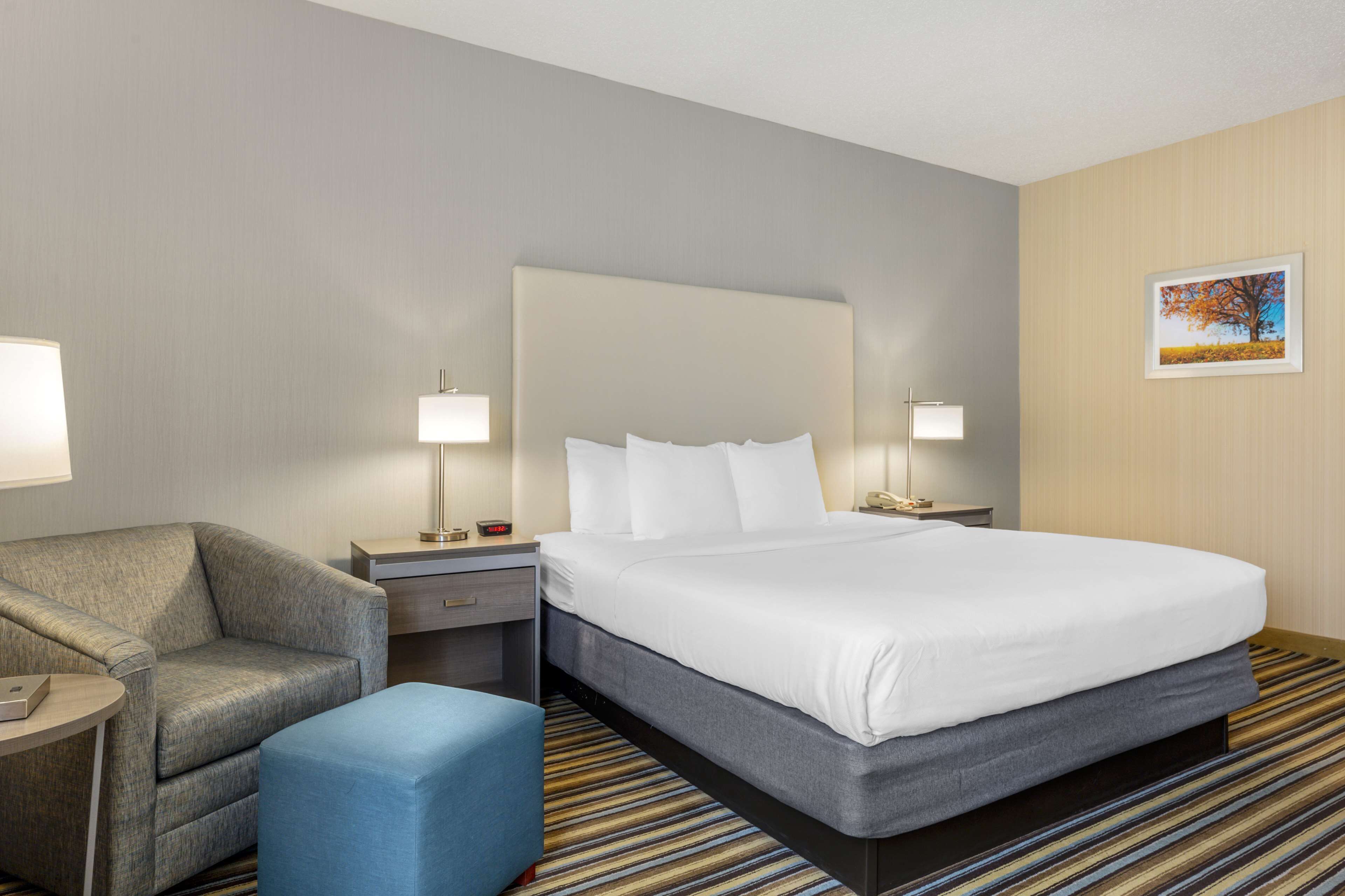Una habitación de hotel con una cama grande, un sofá, una mesita y una mesita de noche con lámpara.