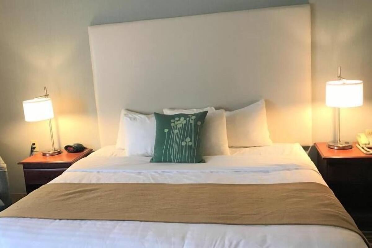 A hotel room with a large bed, two bedside tables, a chair, and a green decorative pillow.