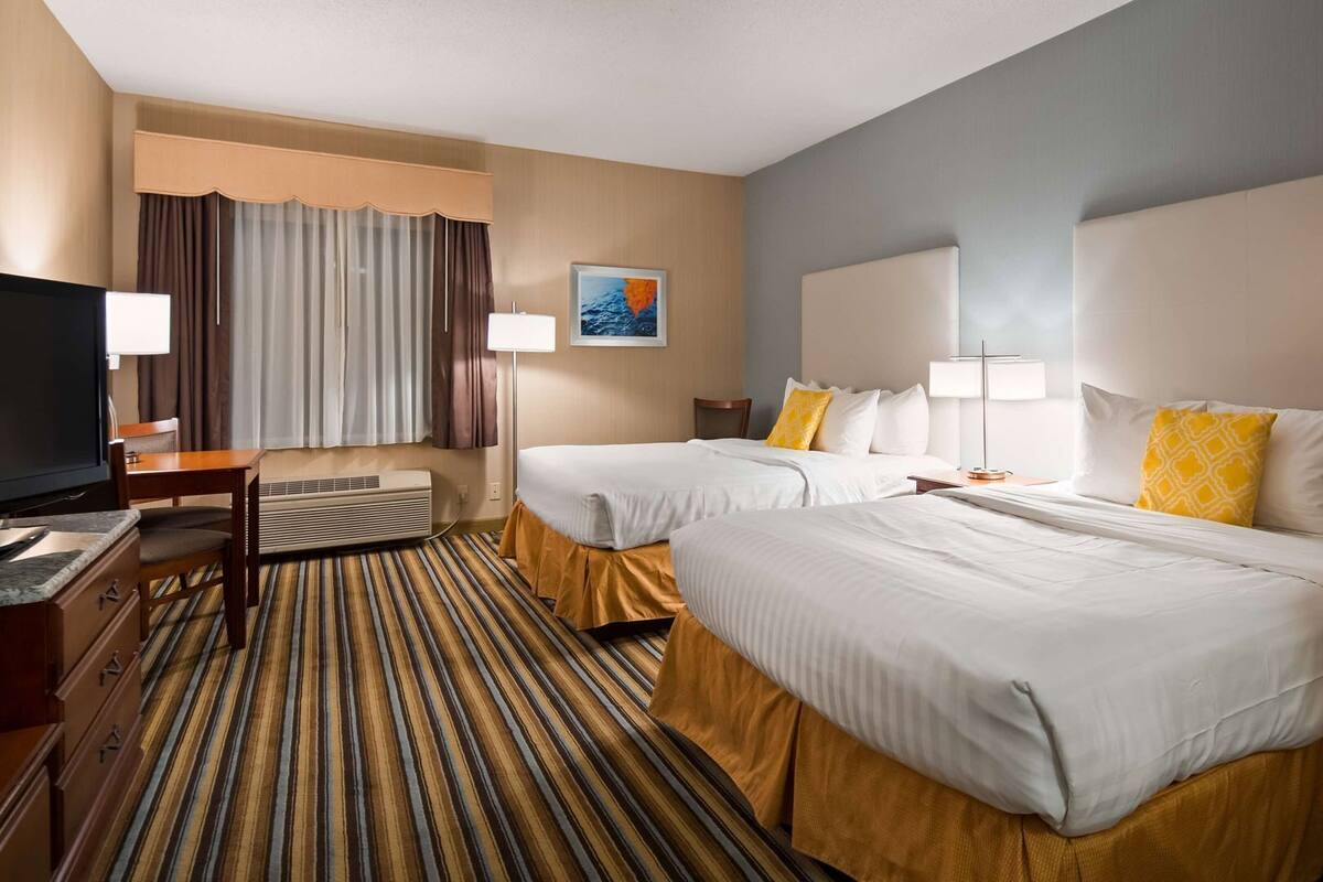 A hotel room with two beds, a television, a desk, and a striped carpet.
