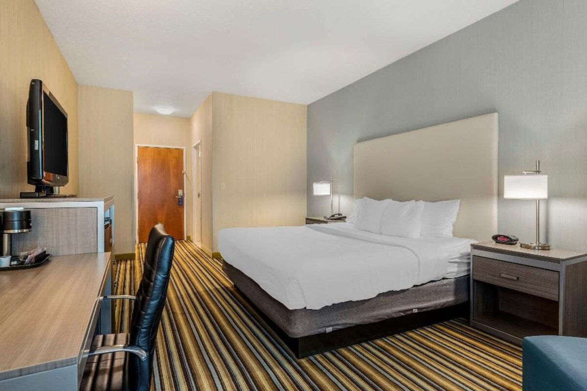 A hotel room with a bed, bedside tables, a desk with a television, and a striped carpet.