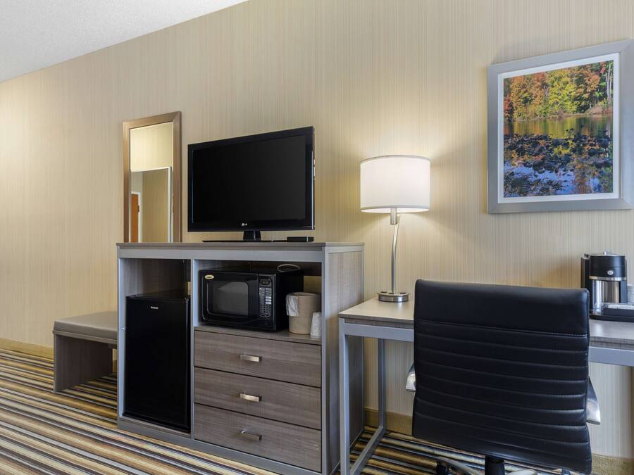 A hotel room with a flat-screen TV, a desk with a lamp, a microwave, a mini-fridge, a chair, and a framed picture on the wall.