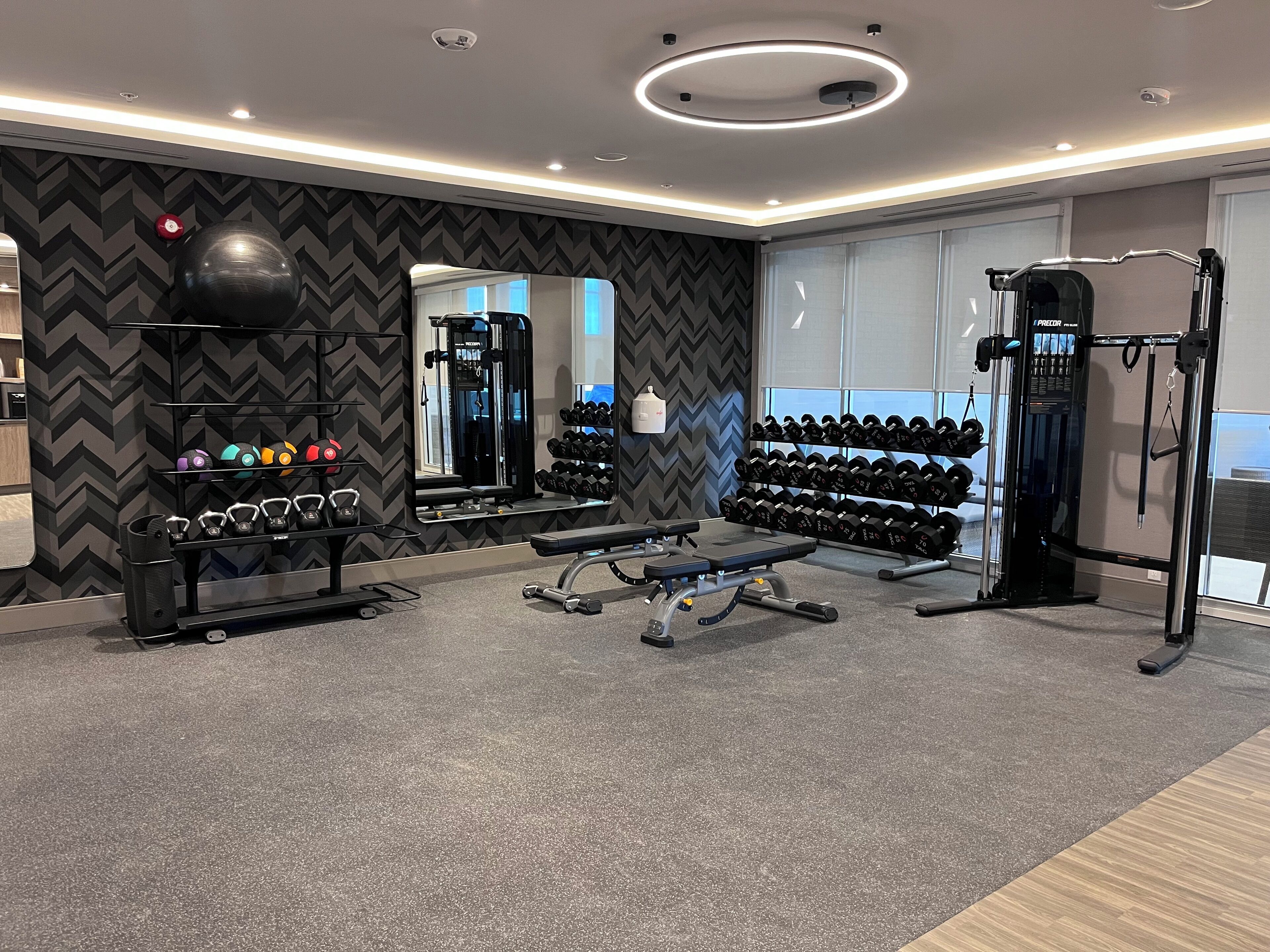 A modern gym with a mirrored wall, weight racks, and exercise equipment.