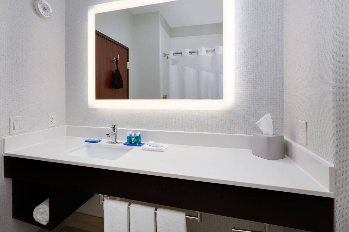 combined shower/bathtub, free toiletries, hair dryer, towels