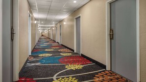 Een hotelgang met vloerbedekking, deuren aan beide kanten en een plafond met inbouwverlichting.