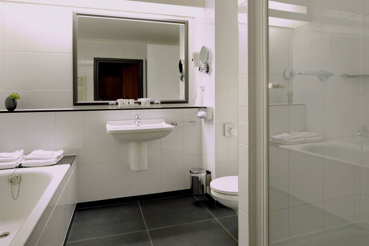 classic plus double room | bathroom | shower, eco-friendly toiletries, hair dryer, towels