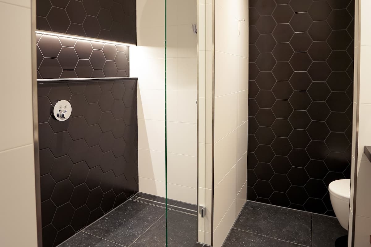 Deluxe-Doppelzimmer, 1 King-Bett | Badezimmer | Dusche, umweltfreundliche Kosmetikartikel, Haartrockner, Handtücher