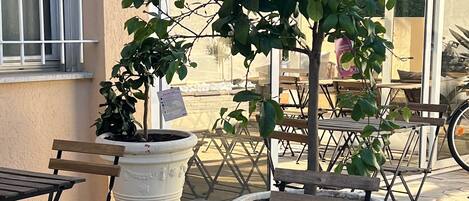 Mesa y sillas en terraza al aire libre, plantas en macetas y un edificio al fondo.