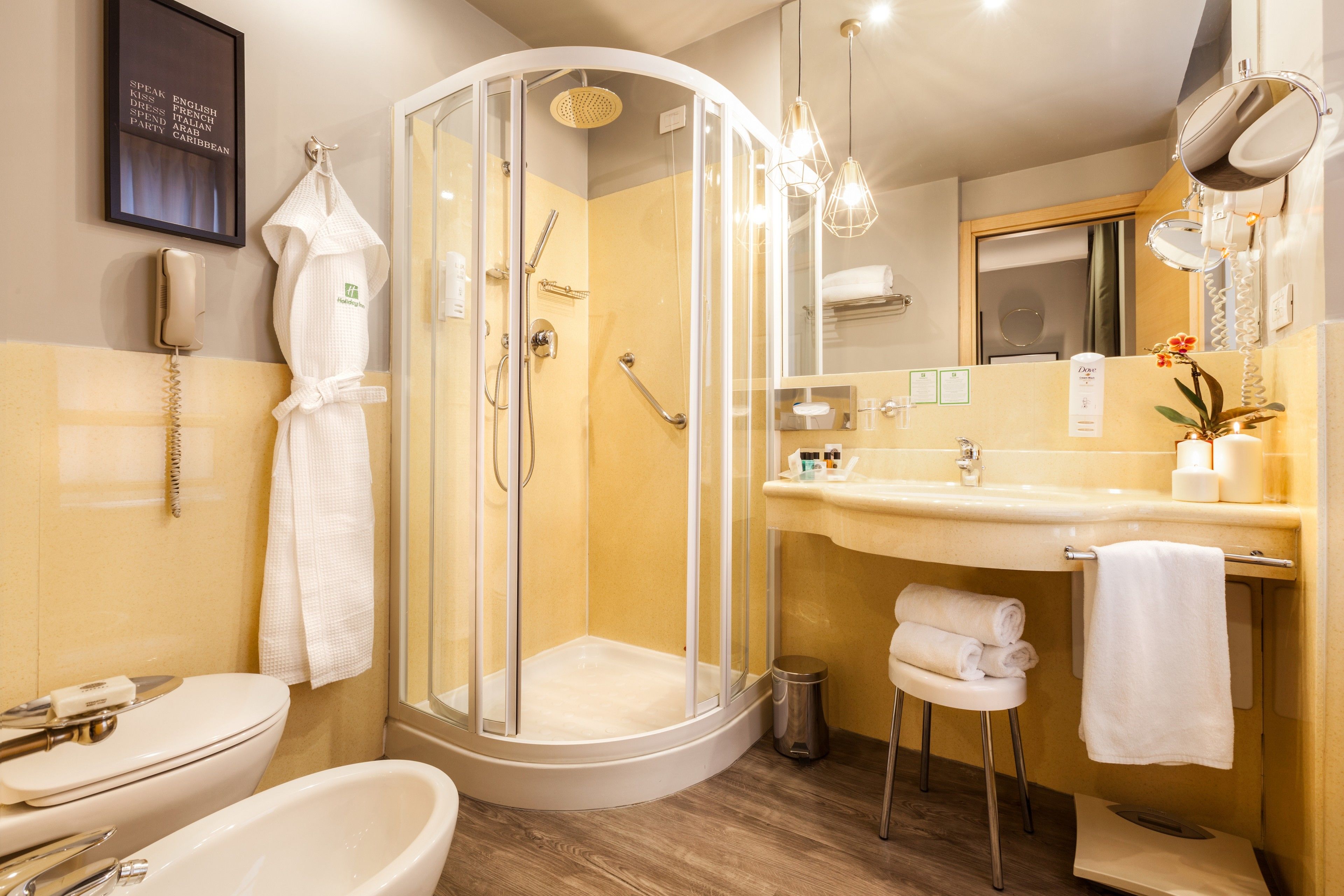 hair dryer, bidet, towels